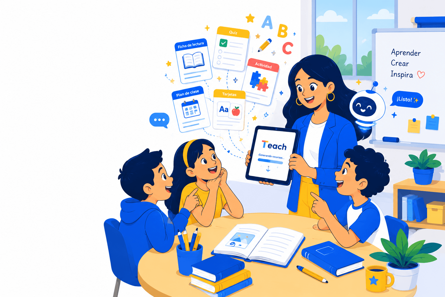 Docente usando Teach con estudiantes en el aula